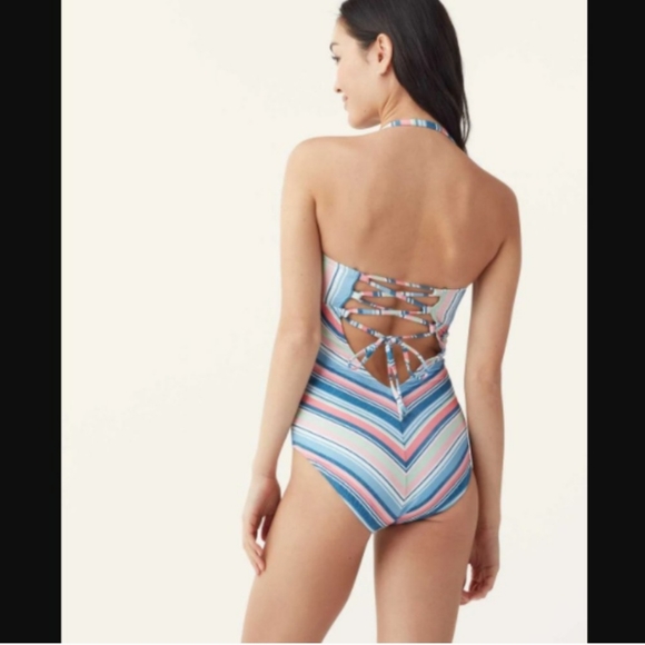 Splendid~Pink & Blue Striped Strapless Criss Cross Tie Back One Piece Swimsuit - Picture 1 of 16